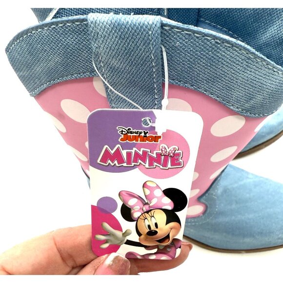Disney Junior Minnie Mouse Girls Pink Polka Dot & Blue Denim Cowboy Boots Size 1 - Picture 5 of 7
